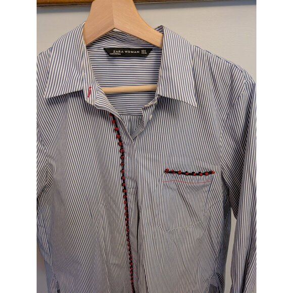 Zara Blue Stripe Shirt w/ Pom-Pom Embellishment - Size Medium - Picture 4 of 15